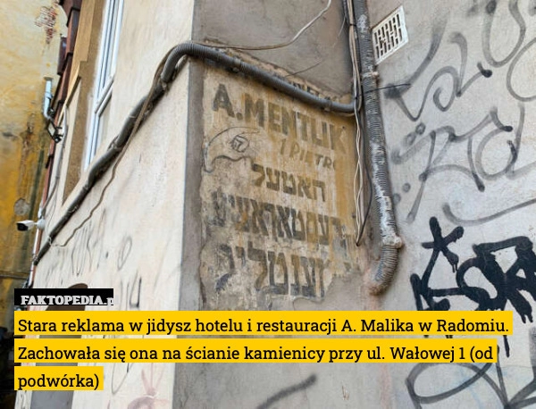 
    Stara reklama w jidysz hotelu i restauracji A. Malika w Radomiu. Zachowała