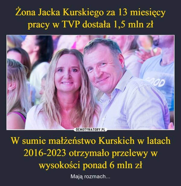 
    Żona Jacka Kurskiego za 13 miesięcy pracy w TVP dostała 1,5 mln zł W sumie małżeństwo Kurskich w latach 2016-2023 otrzymało przelewy w wysokości ponad 6 mln zł