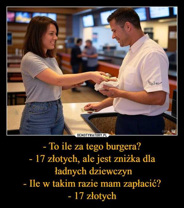 
    - To ile za tego burgera?
- 17 złotych, ale jest zniżka dla
 ładnych dziewczyn
- Ile w takim razie mam zapłacić?
- 17 złotych