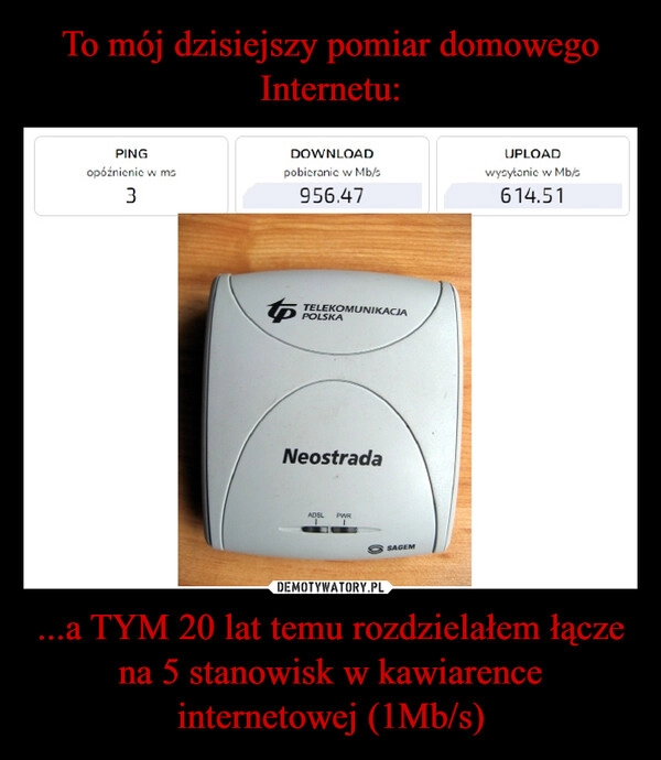 
    To mój dzisiejszy pomiar domowego Internetu: ...a TYM 20 lat temu rozdzielałem łącze na 5 stanowisk w kawiarence internetowej (1Mb/s)