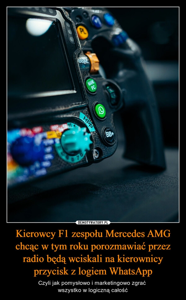 
    Kierowcy F1 zespołu Mercedes AMG chcąc w tym roku porozmawiać przez radio będą wciskali na kierownicy przycisk z logiem WhatsApp