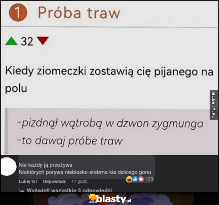 
    Próba traw kiedy ziomeczki zostawią cię pijanego na polu, niektórych porywa niebiesko-srebrna kia dzikiego gonu