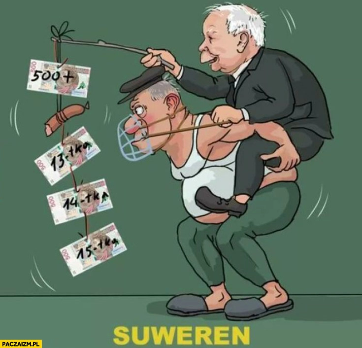 
    Kaczyński kiełbasa wyborcza suweren na smyczy rysunek ilustracja PiS