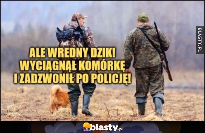 
    Myśliwi ale wredny dzik! Wyciągnął komórkę i zadzwonił po policję