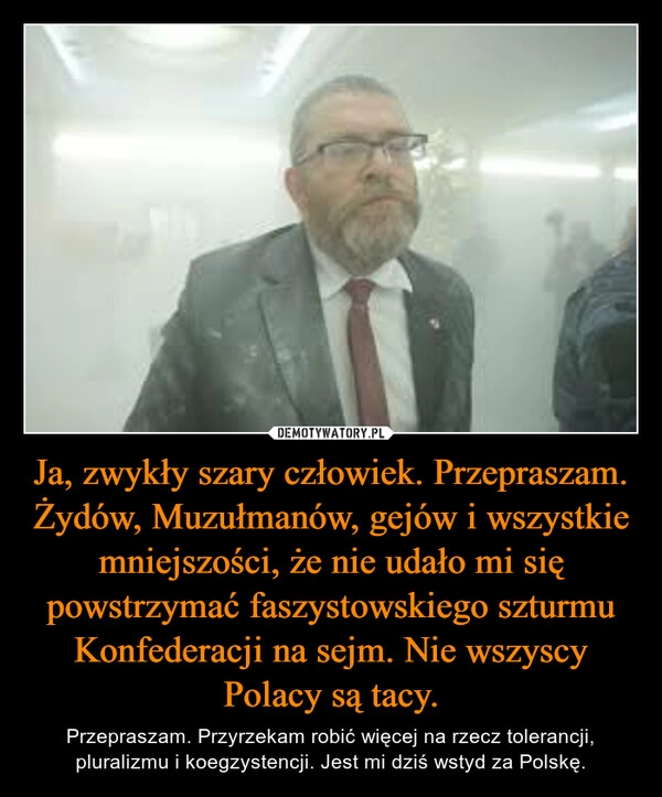 
    Ja, zwykły szary człowiek. Przepraszam. Żydów, Muzułmanów, gejów i wszystkie mniejszości, że nie udało mi się powstrzymać faszystowskiego szturmu Konfederacji na sejm. Nie wszyscy Polacy są tacy.