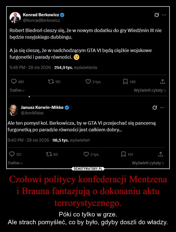 
    Czołowi politycy konfederacji Mentzena i Brauna fantazjują o dokonaniu aktu terrorystycznego.