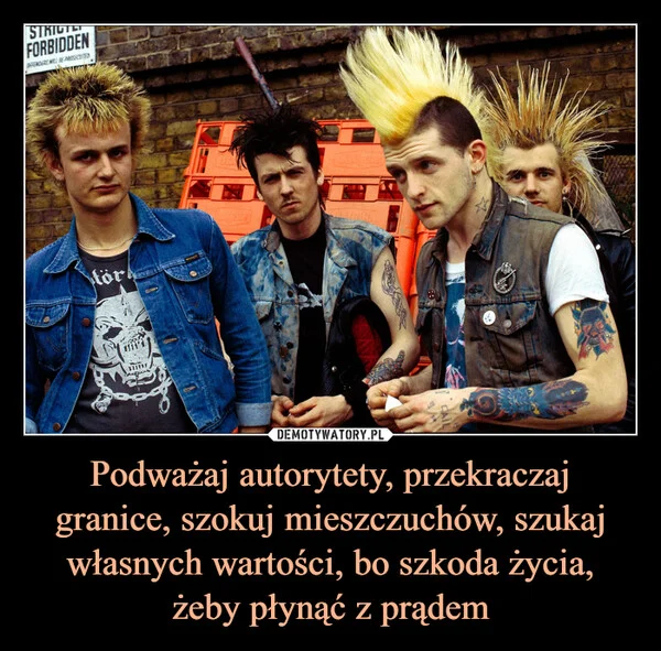 
    Podważaj autorytety, przekraczaj granice, szokuj mieszczuchów, szukaj własnych wartości, bo szkoda życia, żeby płynąć z prądem