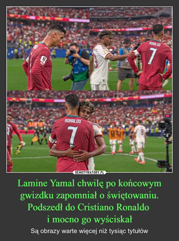 Lamine Yamal chwilę po końcowym gwizdku zapomniał o świętowaniu. Podszedł do Cristiano Ronaldo i mocno go wyściskał