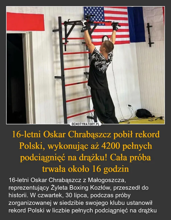 
    16-letni Oskar Chrabąszcz pobił rekord Polski, wykonując aż 4200 pełnych podciągnięć na drążku! Cała próba trwała około 16 godzin