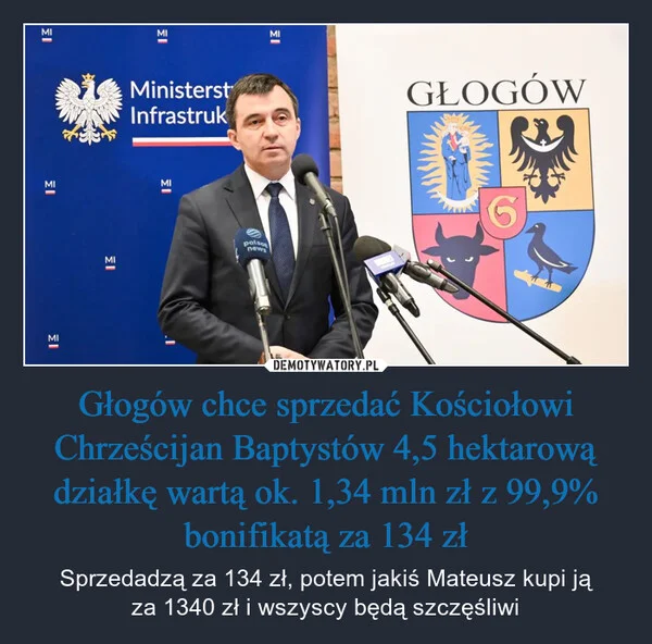 
    Głogów chce sprzedać Kościołowi Chrześcijan Baptystów 4,5 hektarową działkę wartą ok. 1,34 mln zł z 99,9% bonifikatą za 134 zł