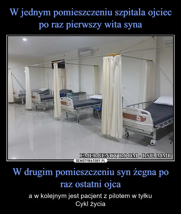 
    W jednym pomieszczeniu szpitala ojciec po raz pierwszy wita syna W drugim pomieszczeniu syn żegna po raz ostatni ojca