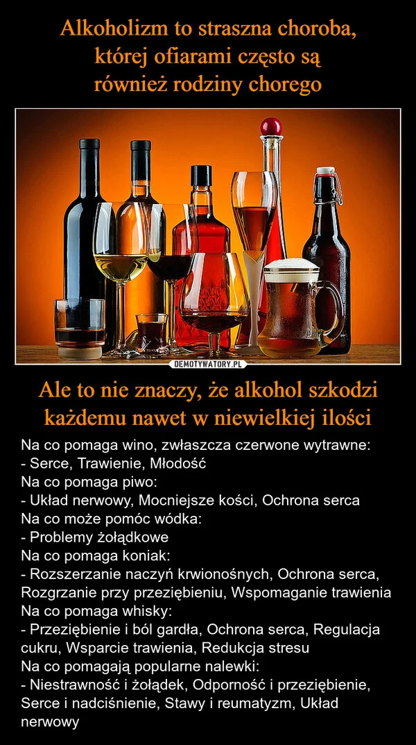 
    Alkoholizm to straszna choroba, której ofiarami często są również rodziny chorego Ale to nie znaczy, że alkohol szkodzi każdemu nawet w niewielkiej ilości