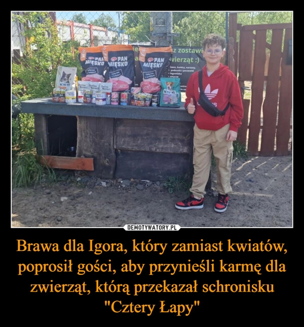 
    Brawa dla Igora, który zamiast kwiatów, poprosił gości, aby przynieśli karmę dla zwierząt, którą przekazał schronisku "Cztery Łapy"