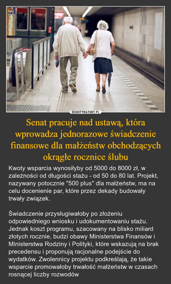 
    Senat pracuje nad ustawą, która wprowadza jednorazowe świadczenie finansowe dla małżeństw obchodzących okrągłe rocznice ślubu