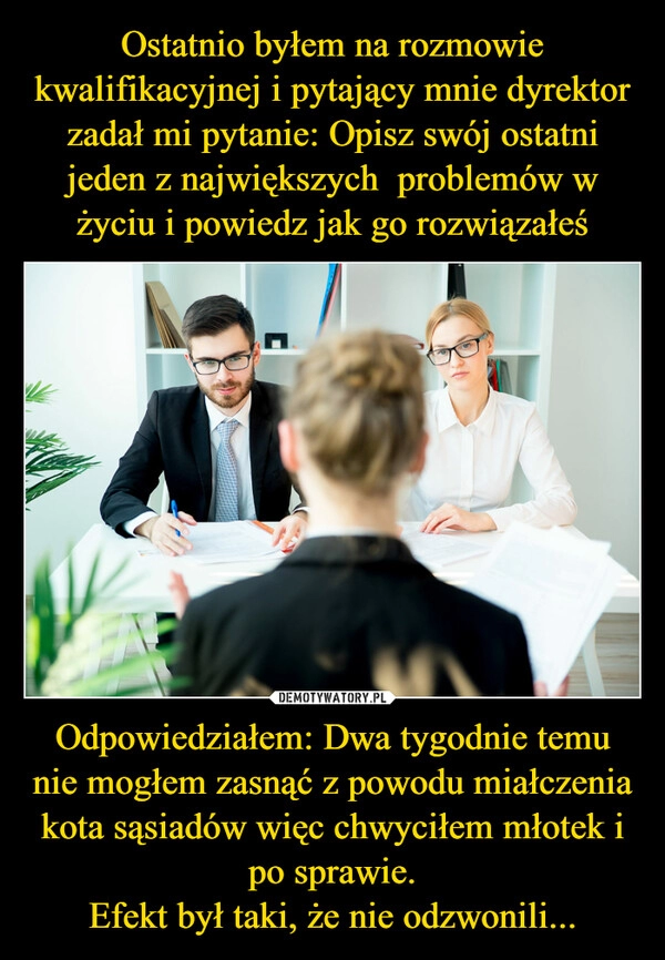 
    Ostatnio byłem na rozmowie kwalifikacyjnej i pytający mnie dyrektor zadał mi pytanie: Opisz swój ostatni jeden z największych  problemów w życiu i powiedz jak go rozwiązałeś Odpowiedziałem: Dwa tygodnie temu nie mogłem zasnąć z powodu miałczenia kota sąsiadów więc chwyciłem młotek i po sprawie.
Efekt był taki, że nie odzwonili...