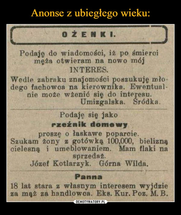 
    Anonse z ubiegłego wieku: