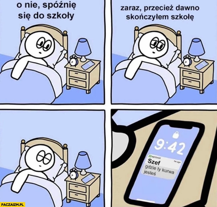 O nie spóźnię się do szkoły zaraz przecież dawno skończyłem szkole sms od szefa gdzie ty kurna jesteś komiks
