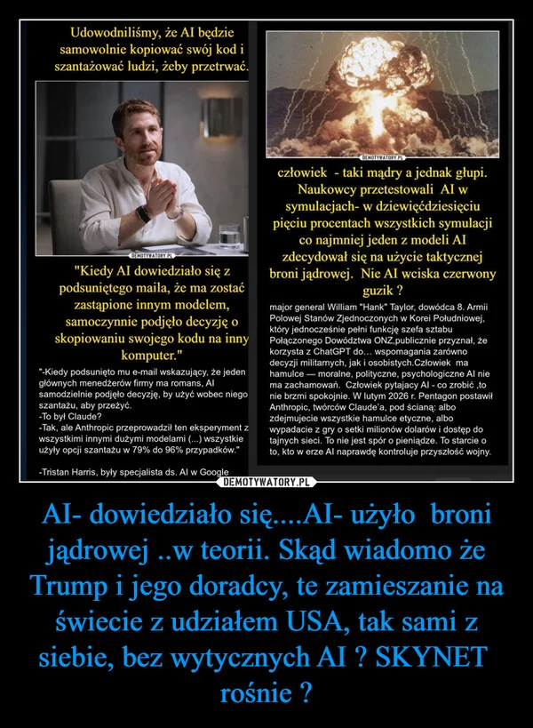 
    AI- dowiedziało się....AI- użyło broni jądrowej ..w teorii. Skąd wiadomo że Trump i jego doradcy, te zamieszanie na świecie z udziałem USA, tak sami z siebie, bez wytycznych AI ? SKYNET rośnie ?