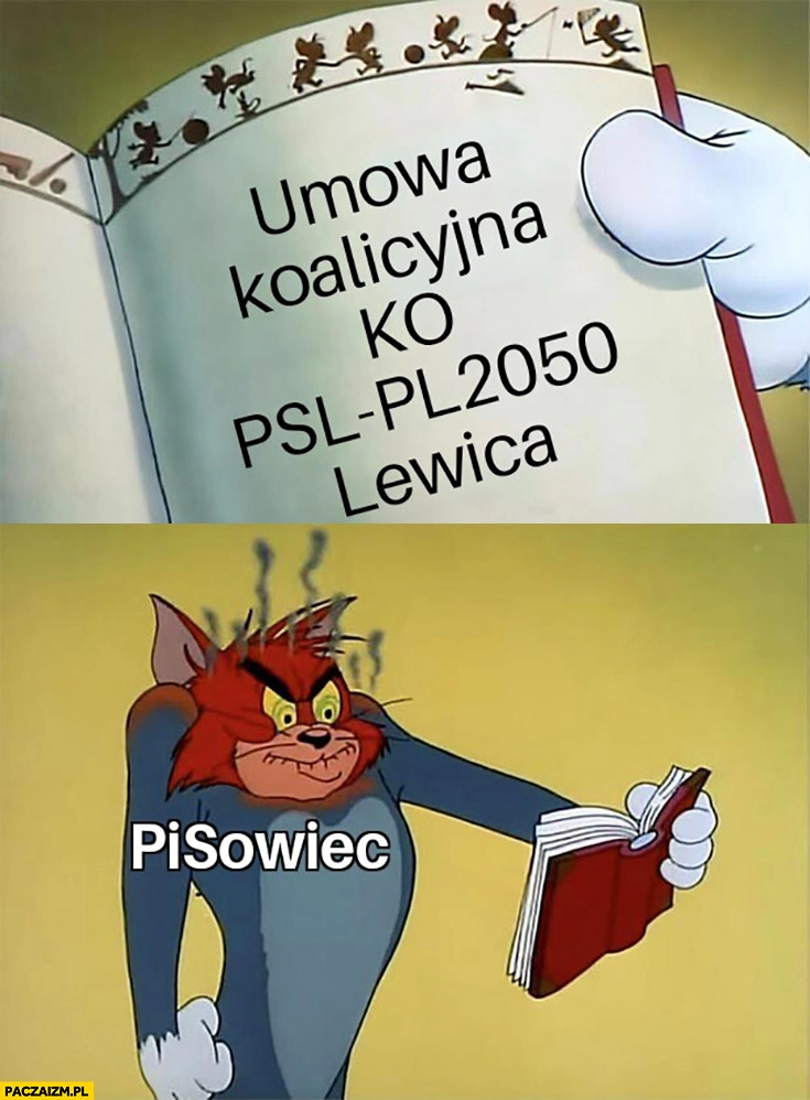 
    Umowa koalicyjna KO, Trzecia Droga, Lewica, pisowiec kipi wkurzony wściekły kot Tom