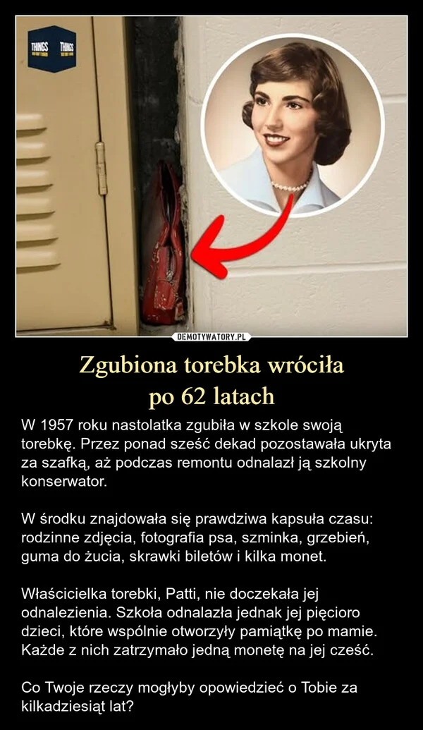 Zgubiona torebka wróciła po 62 latach