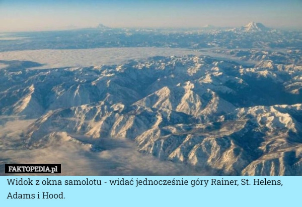 
    Widok z okna samolotu - widać jednocześnie góry Rainer, St. Helens, Adams