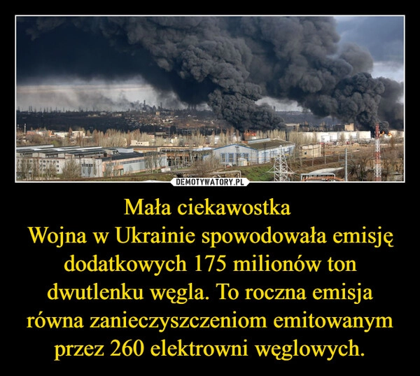 
    Mała ciekawostka 
Wojna w Ukrainie spowodowała emisję dodatkowych 175 milionów ton dwutlenku węgla. To roczna emisja równa zanieczyszczeniom emitowanym przez 260 elektrowni węglowych.