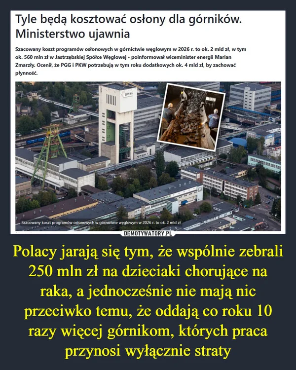 
    Polacy jarają się tym, że wspólnie zebrali 250 mln zł na dzieciaki chorujące na raka, a jednocześnie nie mają nic przeciwko temu, że oddają co roku 10 razy więcej górnikom, których praca przynosi wyłącznie straty