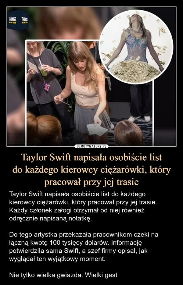 Taylor Swift napisała osobiście list do każdego kierowcy ciężarówki, który pracował przy jej trasie