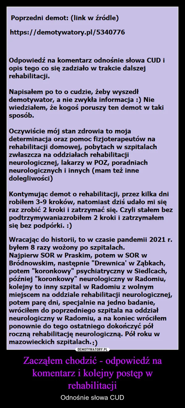 
    Zacząłem chodzić - odpowiedź na komentarz i kolejny postęp w rehabilitacji