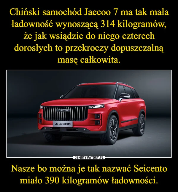 
    Chiński samochód Jaecoo 7 ma tak mała ładowność wynoszącą 314 kilogramów, że jak wsiądzie do niego czterech dorosłych to przekroczy dopuszczalną masę całkowita. Nasze bo można je tak nazwać Seicento miało 390 kilogramów ładowności.