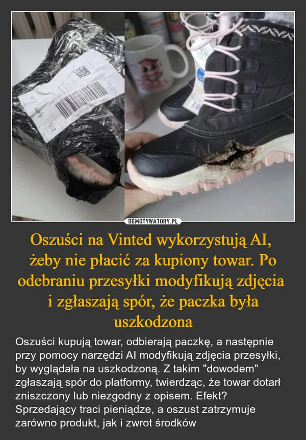 
    Oszuści na Vinted wykorzystują AI, żeby nie płacić za kupiony towar. Po odebraniu przesyłki modyfikują zdjęcia i zgłaszają spór, że paczka była uszkodzona