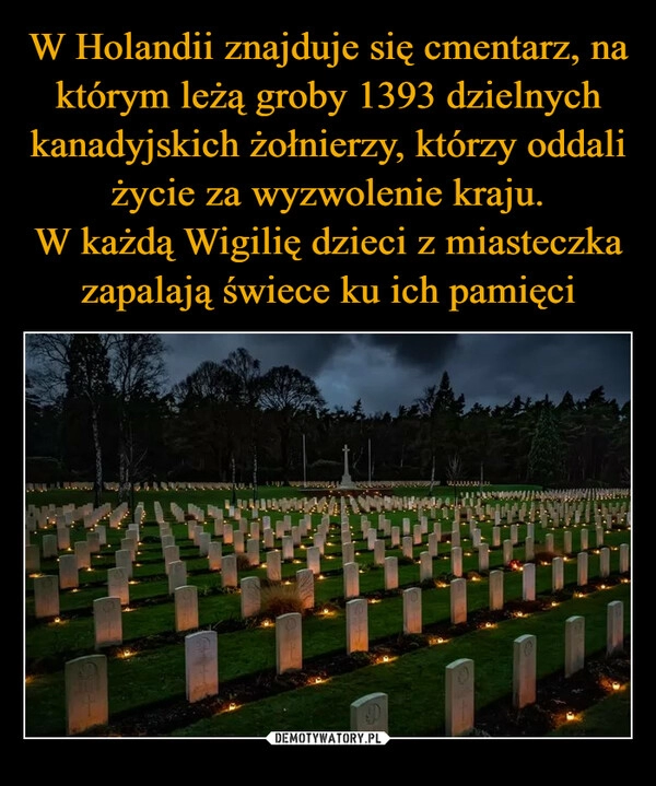 
    
W Holandii znajduje się cmentarz, na którym leżą groby 1393 dzielnych kanadyjskich żołnierzy, którzy oddali życie za wyzwolenie kraju.
W każdą Wigilię dzieci z miasteczka zapalają świece ku ich pamięci 