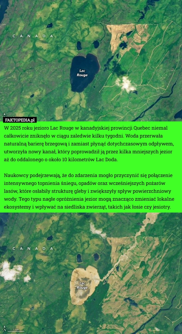 
    W 2025 roku jezioro Lac Rouge w kanadyjskiej prowincji Quebec niemal całkowicie
