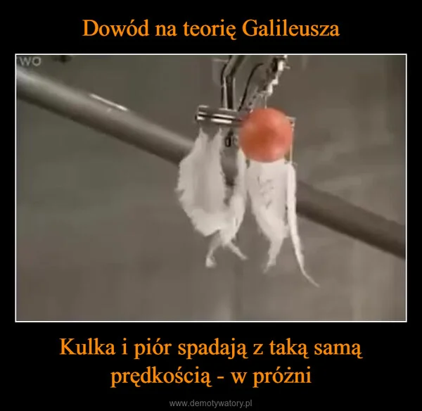 
    Dowód na teorię Galileusza Kulka i piór spadają z taką samą prędkością - w próżni