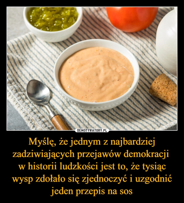 
    Myślę, że jednym z najbardziej zadziwiających przejawów demokracji 
w historii ludzkości jest to, że tysiąc wysp zdołało się zjednoczyć i uzgodnić jeden przepis na sos