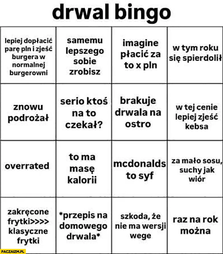 
    McDonald’s drwal bingo cytaty tabelka Burger Kanapka Drwala