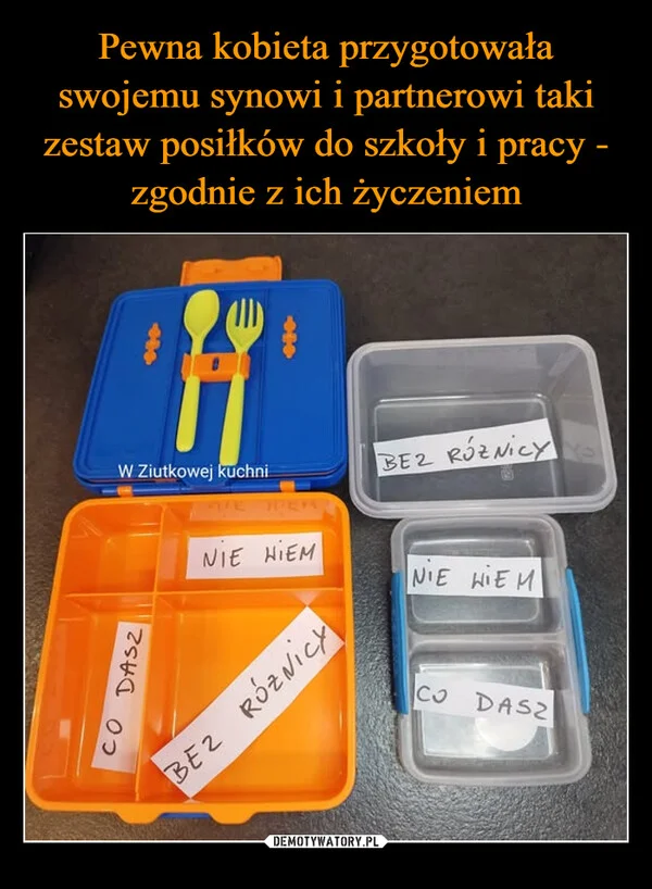
    Pewna kobieta przygotowała swojemu synowi i partnerowi taki zestaw posiłków do szkoły i pracy - zgodnie z ich życzeniem