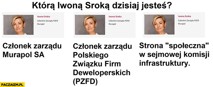 
    Którą Iwoną Sroką dzisiaj jesteś członek zarządu Murapol SA, członek zarządu PZFD, strona społeczna w sejmowej komisji infrastruktury