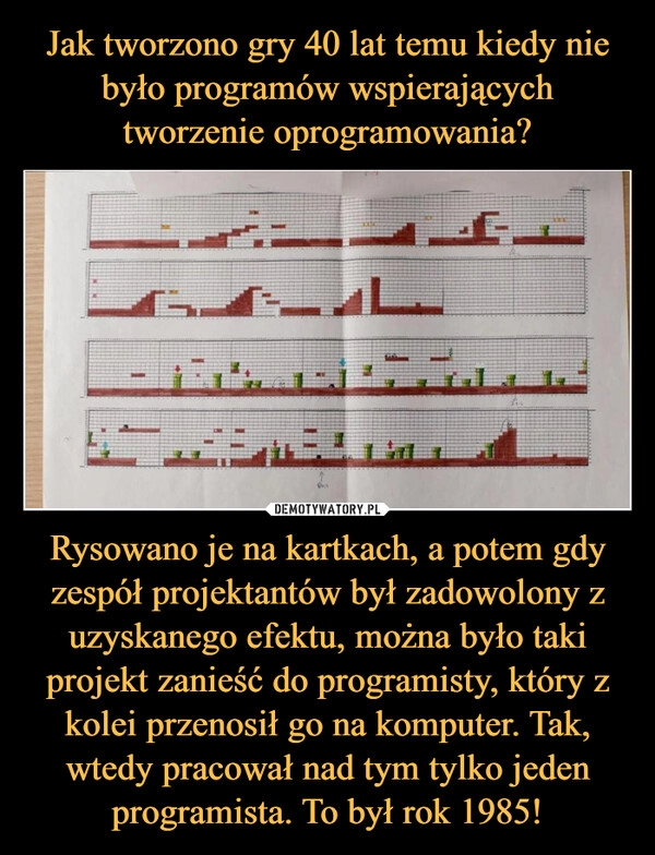 
    Jak tworzono gry 40 lat temu kiedy nie było programów wspierających tworzenie oprogramowania? Rysowano je na kartkach, a potem gdy zespół projektantów był zadowolony z uzyskanego efektu, można było taki projekt zanieść do programisty, który z kolei przenosił go na komputer. Tak, wtedy pracował nad tym tylko jeden programista. To był rok 1985!