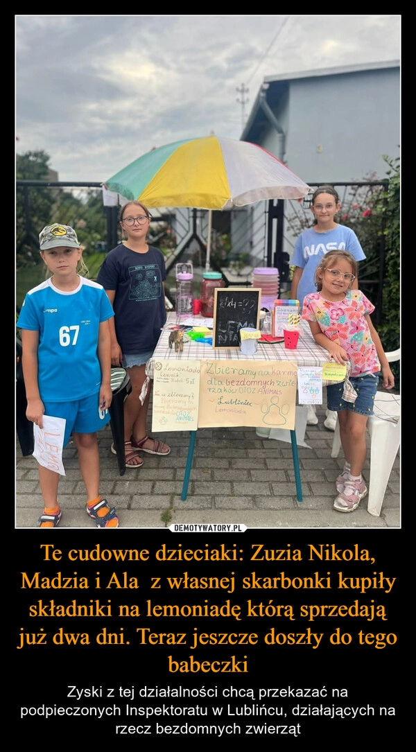 
    Te cudowne dzieciaki: Zuzia Nikola, Madzia i Ala  z własnej skarbonki kupiły składniki na lemoniadę którą sprzedają już dwa dni. Teraz jeszcze doszły do tego babeczki