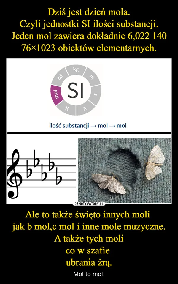
    Dziś jest dzień mola. Czyli jednostki SI ilości substancji. Jeden mol zawiera dokładnie 6,022 140 76×1023 obiektów elementarnych. Ale to także święto innych moli jak b mol,c mol i inne mole muzyczne. A także tych moli co w szafie ubrania żrą.