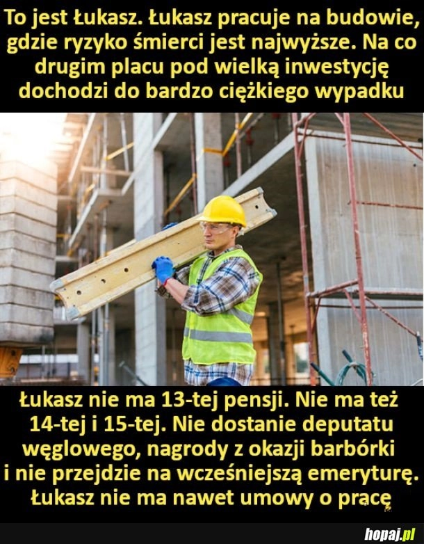 
    To jest Łukasz. Łukasz pracuje na budowie, gdzie ryzyko śmierci jest najwyższe