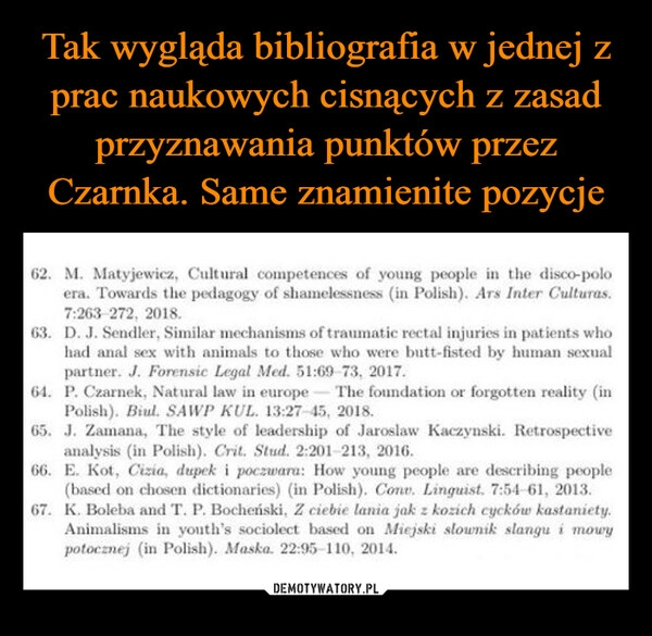 
    Tak wygląda bibliografia w jednej z prac naukowych cisnących z zasad przyznawania punktów przez Czarnka. Same znamienite pozycje