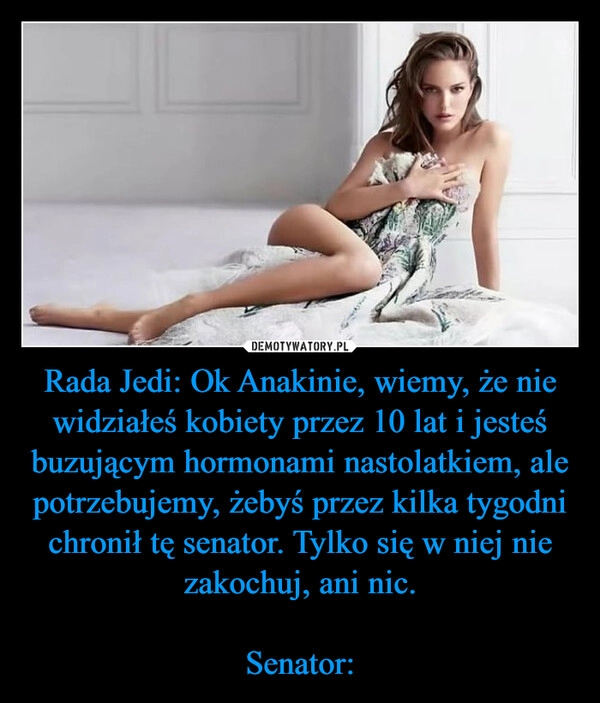 
    Rada Jedi: Ok Anakinie, wiemy, że nie widziałeś kobiety przez 10 lat i jesteś buzującym hormonami nastolatkiem, ale potrzebujemy, żebyś przez kilka tygodni chronił tę senator. Tylko się w niej nie zakochuj, ani nic.

Senator: