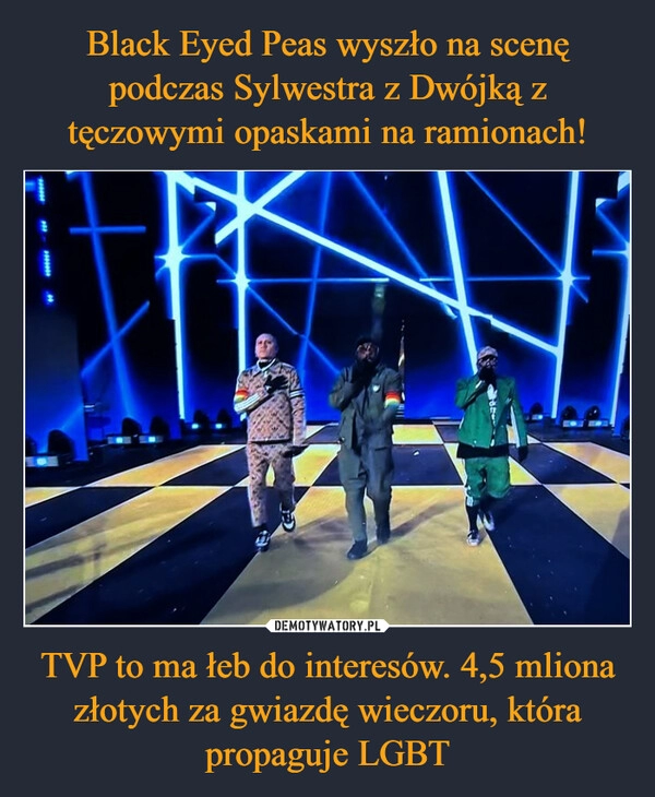 
    
Black Eyed Peas wyszło na scenę podczas Sylwestra z Dwójką z tęczowymi opaskami na ramionach! TVP to ma łeb do interesów. 4,5 mliona złotych za gwiazdę wieczoru, która propaguje LGBT 