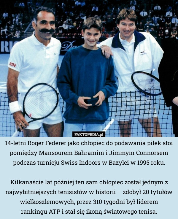 
    14-letni Roger Federer jako chłopiec do podawania piłek stoi pomiędzy Mansourem...