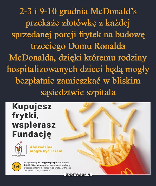 
    2-3 i 9-10 grudnia McDonald’s przekaże złotówkę z każdej sprzedanej porcji frytek na budowę trzeciego Domu Ronalda McDonalda, dzięki któremu rodziny hospitalizowanych dzieci będą mogły bezpłatnie zamieszkać w bliskim sąsiedztwie szpitala