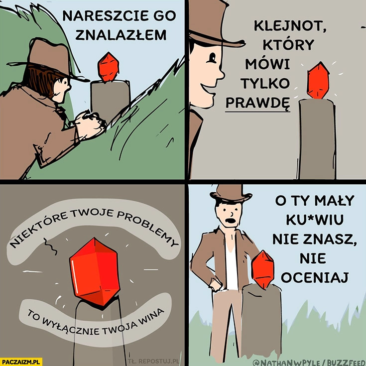 
    Nareszcie go znalazłem kryształ który mówi tylko prawdę, niektóre Twoje problemy to Twoja wina, nie znasz nie oceniaj komiks