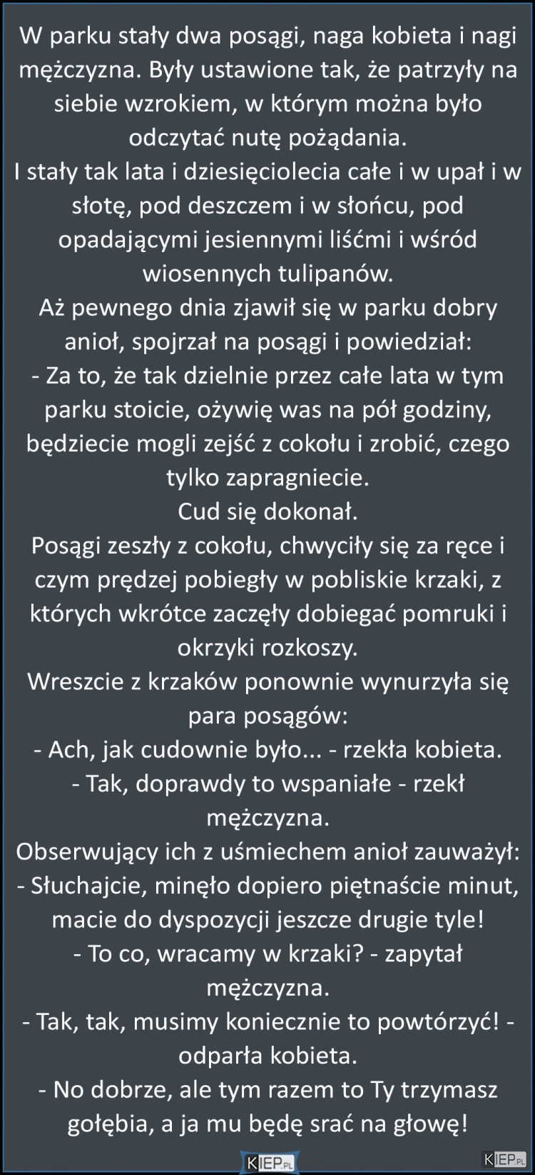 
    W parku stały dwa posągi, kobiety i mężczyzna, nadzy...