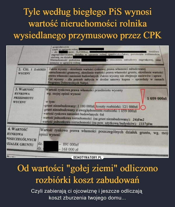 
    Tyle według biegłego PiS wynosi wartość nieruchomości rolnika wysiedlanego przymusowo przez CPK Od wartości "gołej ziemi" odliczono rozbiórki koszt zabudowań